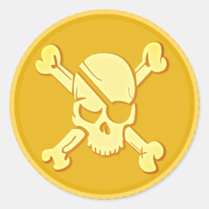 Sticker Rond Pirate Skull Gold Coin Treasure Dubloon