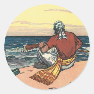 Sticker Rond Pirates Vintage, Naufragés sur une Île Déserte