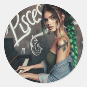 Sticker Rond Pisces Zodiac Musicien Piano