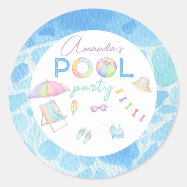 Sticker Rond Piscine d'aquarelle Piscine de fête d'anniversaire (Devant)