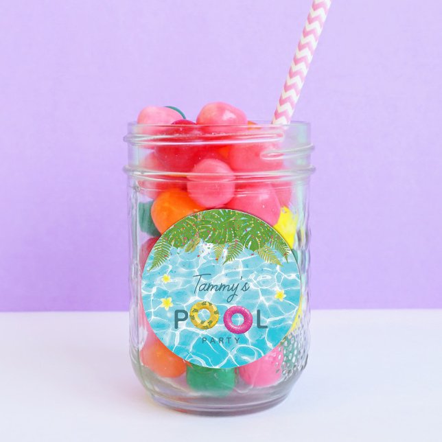 Sticker Rond Piscine tropicale Piscine de fête Anniversaire (Tropical Pool Party Swimming Pool Birthday Classic Round Sticker)