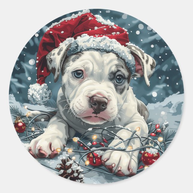Sticker Rond Pit Bull de Noël en Père Noël Chiot (Devant)