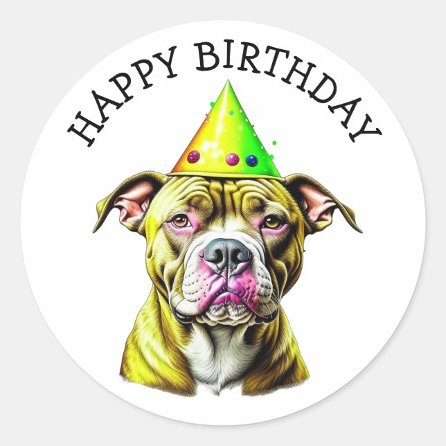Sticker Rond Pitbull avec Casquette d'anniversaire (Devant)