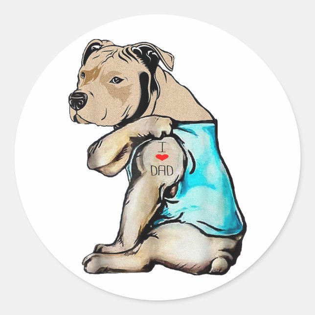 Sticker Rond Pitbull Chien I Love Papa Tattoo drôle Famille (Devant)