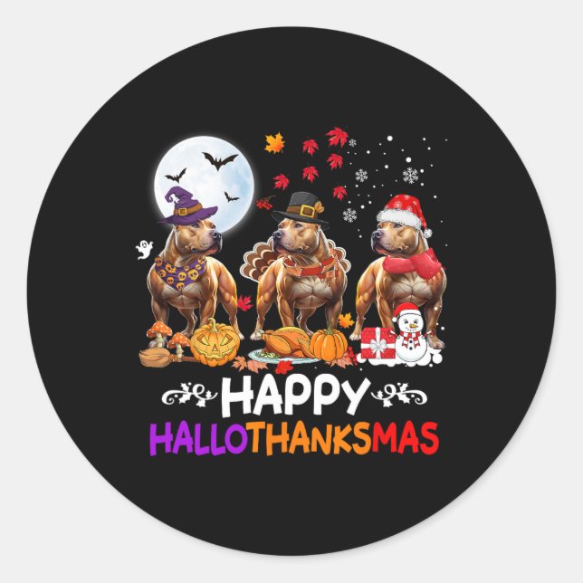 Sticker Rond Pitbull Chien Noël Hallothankmas Joyeux Thanksgi (Devant)