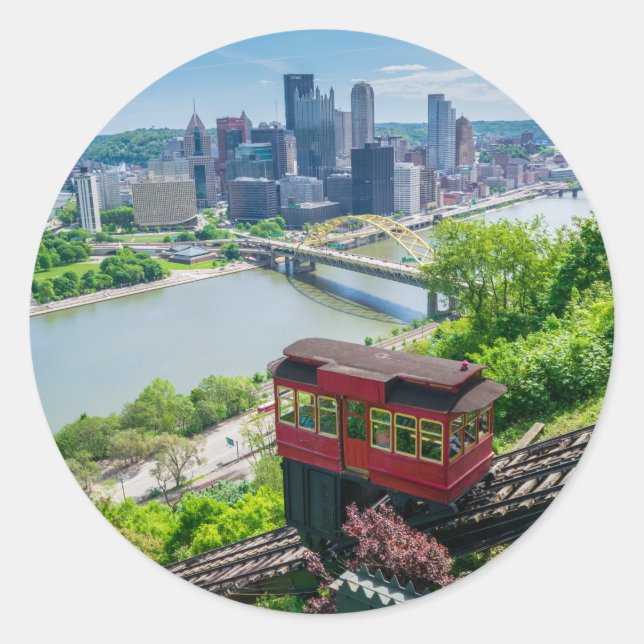 Sticker Rond Pittsburgh Pennsylvania Steel City Skyline Incline (Devant)