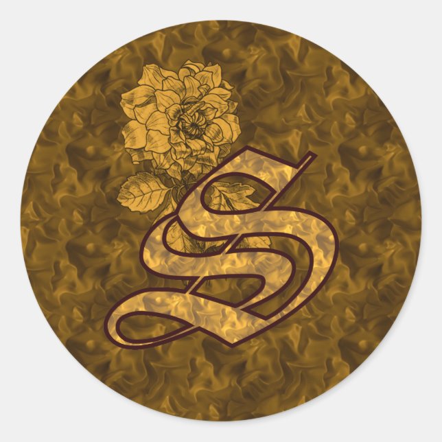 Sticker Rond Pivoine dorée Élégant Monogramme Initiale S (Devant)