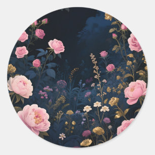 Sticker Rond Pivoine Rose Jardin de Minuit en Fleur