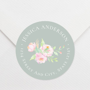 Sticker Rond Pivoine rose personnalisée Nom Sage Adresse de ret