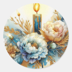 Sticker Rond Pivoines à la bougie pastel or bleu aquarelle pail