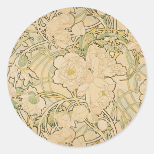 Sticker Rond Pivoines par Alphonse Mucha, Art Nouveau vintage