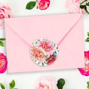 Sticker Rond Pivoines Rose Pêche Bourgeon Feuilles Florales 