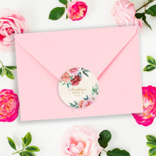 Sticker Rond Pivoines roses bordeaux Fleurs Feuilles Sweet 16