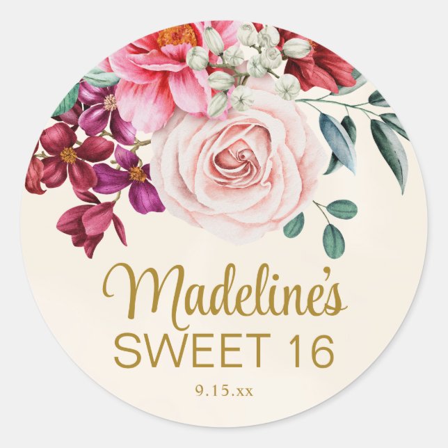 Sticker Rond Pivoines roses Burgundy Fleurs Feuilles Sweet 16  (Devant)