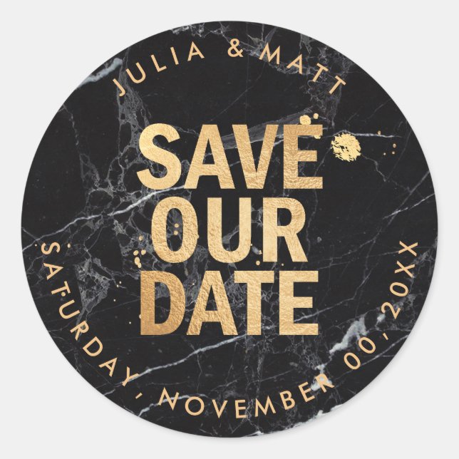 Sticker Rond PixDezine Enregistrer la date/Marble+Faux Gold (Devant)