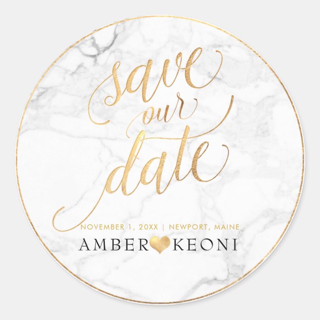 Sticker Rond PixDezine Marble/Faux Gold Enregistrer notre date (Devant)