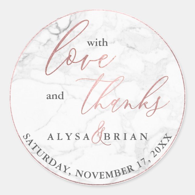 Sticker Rond PixDezine Marbre/Rose Gold Faux Love+Merci (Devant)