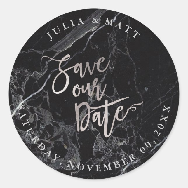 Sticker Rond PixDezine Marbre Save the Date/Faux Argent (Devant)