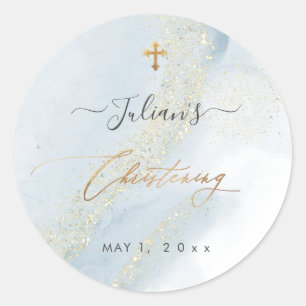 Sticker Rond PixDezines Alcool+Encre Dusty Bleu Or Christening