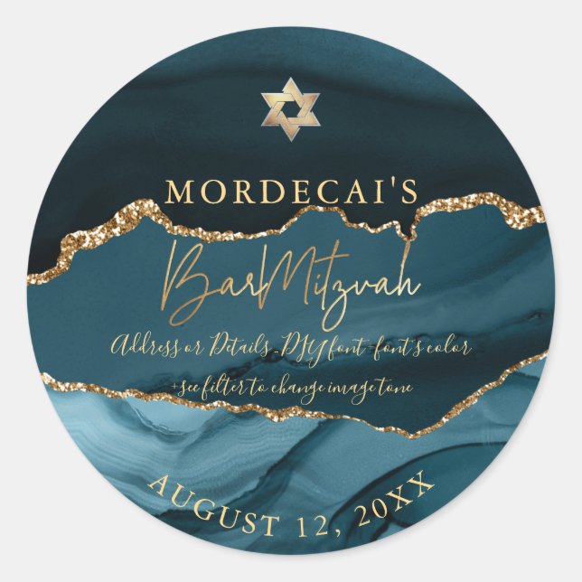 Sticker Rond PixDezines Aquarelle Agate sarcelle Bar Mitzvah  C (Devant)