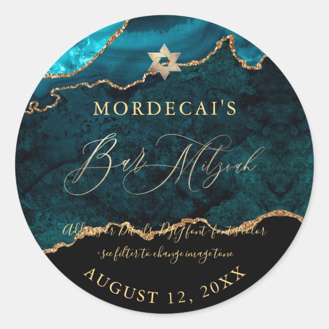 Sticker Rond PixDezines Aquarelle Turquoise Agate Bar Mitzvah (Devant)
