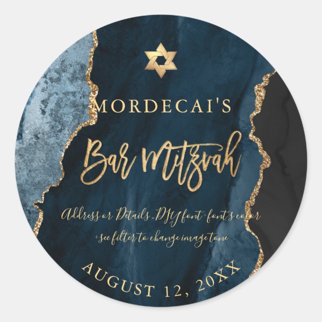 Sticker Rond PixDezines Aquarelle Turquoise Bleu Agate Bar Mitz (Devant)