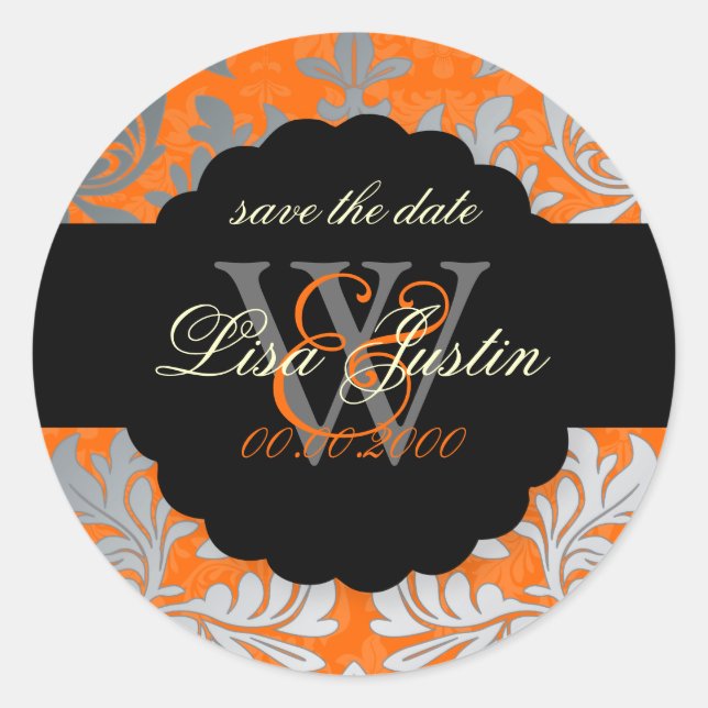 Sticker Rond PixDezines Baroque Damask/Faux Argent+Orange (Devant)