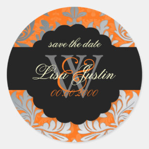 Sticker Rond PixDezines Baroque Damask/Faux Argent+Orange