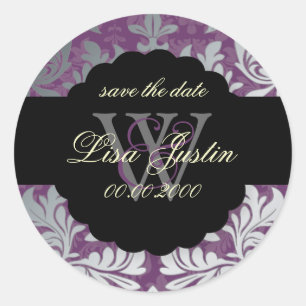 Sticker Rond PixDezines Baroque Damask/Faux Argent+Purple/Lilac