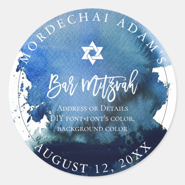 Sticker Rond PixDezines Barre Mitzvah Aquarelle bleu marine (Devant)
