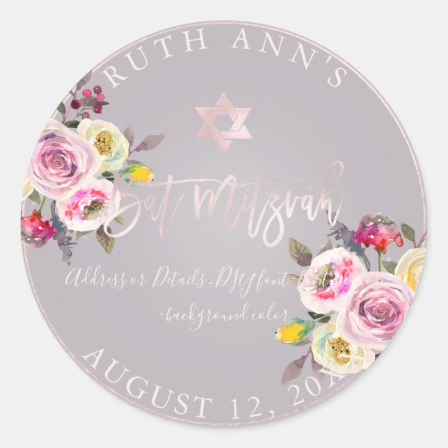 Sticker Rond PixDezines Bat mitzvah, Aquarelle Florale Pastel (Devant)