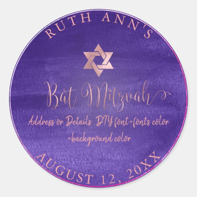 Sticker Rond PixDezines Bat Mitzvah, aquarelle violet pourpre (Devant)