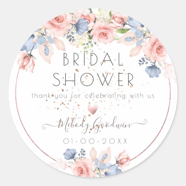 Sticker Rond PixDezines Bleu Rose Aquarelle Fleurs (Devant)