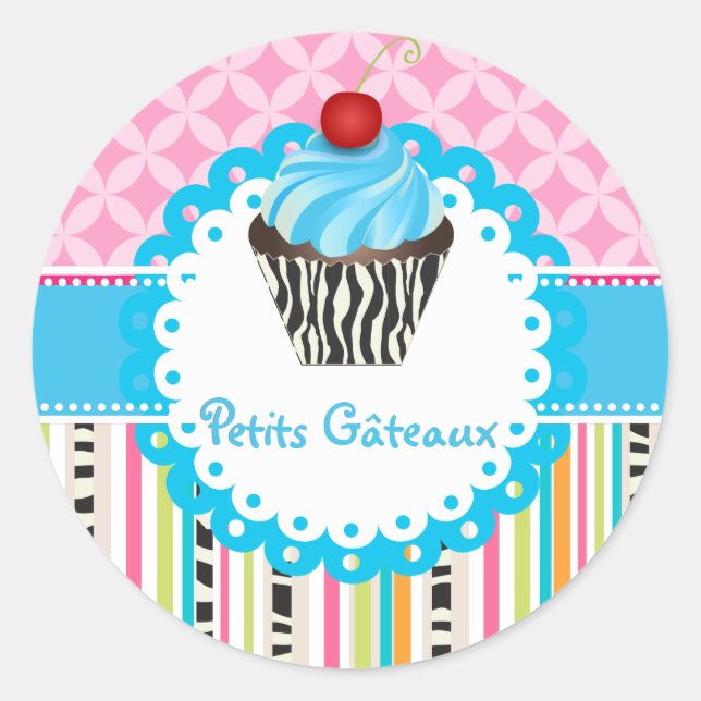 Sticker Rond PixDezines bleuets tourbillons cupcake/do-it-yours (Devant)
