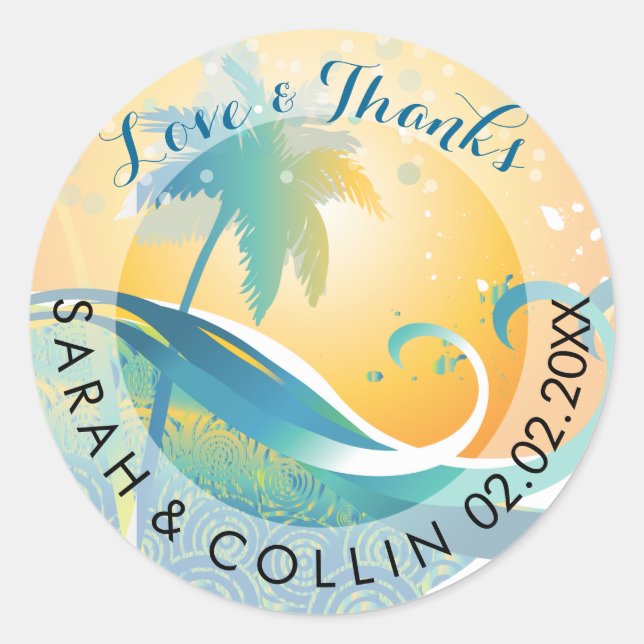 Sticker Rond PixDezines coucher de soleil/vagues rétro/palmiers (Devant)