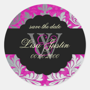 Sticker Rond PixDezines Damas baroques/Faux Argent+Rose/Magenta