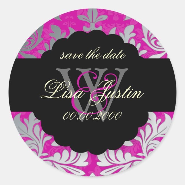Sticker Rond PixDezines Damas baroques/Faux Argent+Rose/Magenta (Devant)