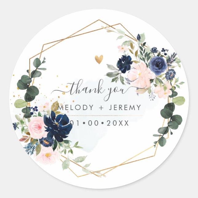 Sticker Rond PixDezines Élégant H2 Fleurs Blush Navy Merci (Devant)
