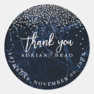 Sticker Rond PixDezines Faux Argent Confetti/Marbre Bleu