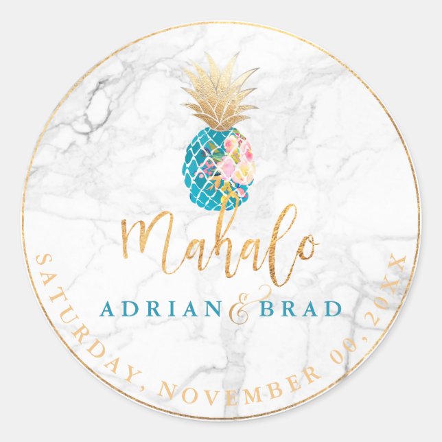 Sticker Rond PixDezines Faux Gold Ananas/Aqua/Marble (Devant)