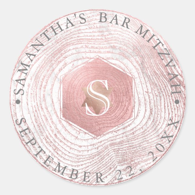 Sticker Rond PixDezines Faux Rose Gold Tree Rings Mitzvah (Devant)