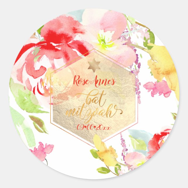 Sticker Rond PixDezines Floral Aquarelle Bat mitzvah, Peonies (Devant)