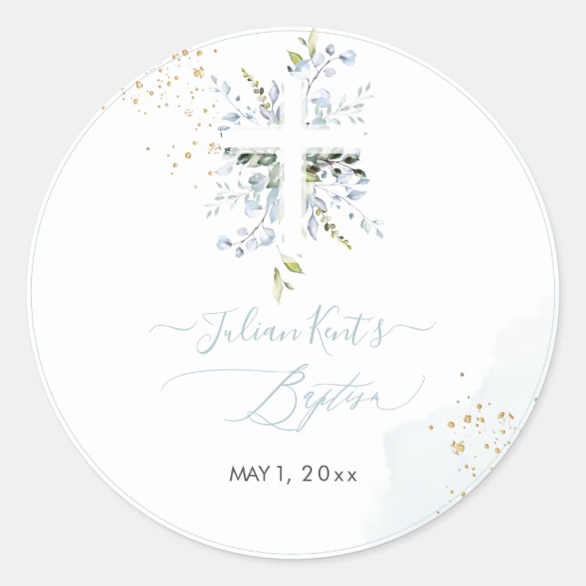 Sticker Rond PixDezines H2 Dusty Blue Eucalyptus Baptême (Devant)