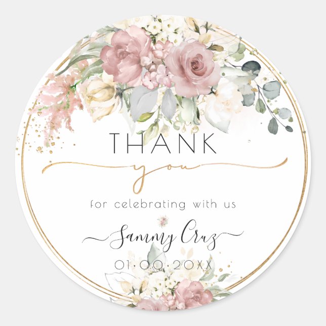 Sticker Rond PixDezines H2 Rose Poussiéreuse Crème Merci (Devant)