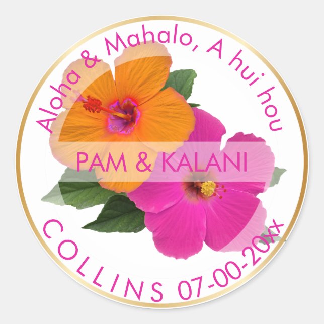 Sticker Rond PixDezines Hibiscus orange/rose/Aloha/Mahalo (Devant)