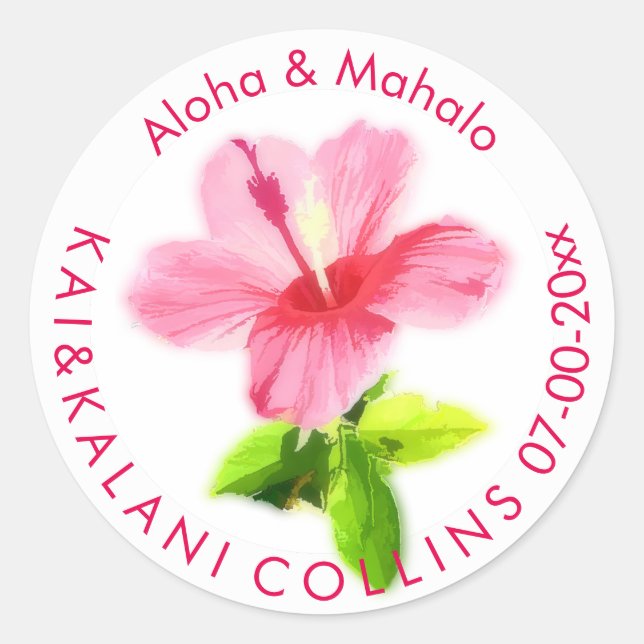 Sticker Rond PixDezines Hibiscus rose/Aloha/Mahalo/Merci (Devant)
