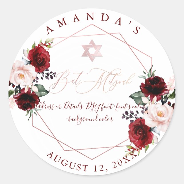 Sticker Rond PixDezines Mitzvah, Fleurs Aquarelles, Rouge Rose (Devant)