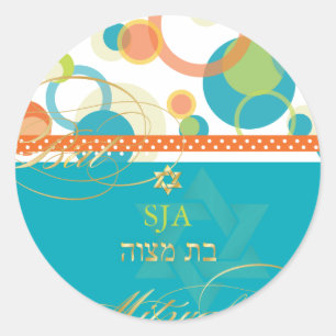 Sticker Rond PixDezines Mod Bubbles, Bat mitzvah rétro/turquois