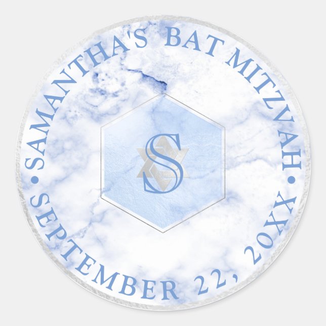 Sticker Rond PixDezines Monogram Blue Honeycomb Mitzvah (Devant)