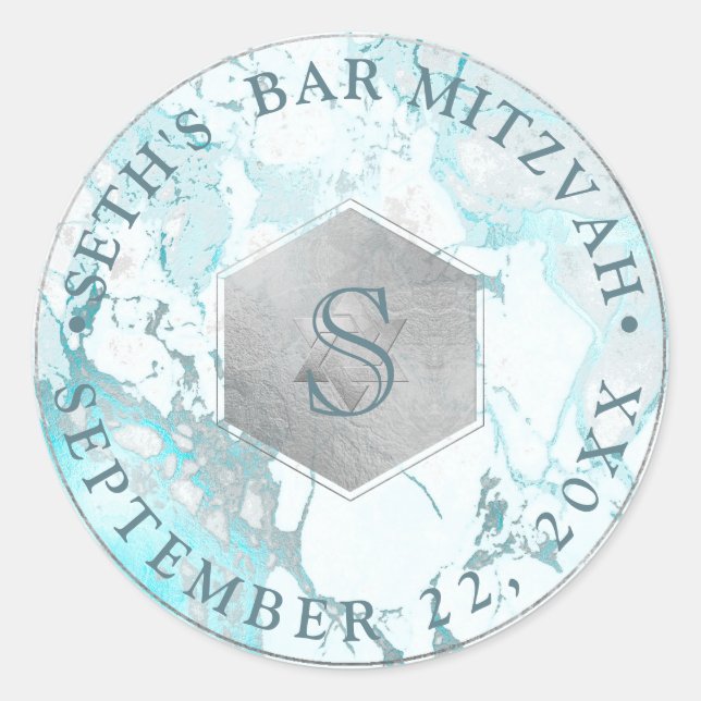 Sticker Rond PixDezines Monogram Blue Marble Honeycomb Mitzvah (Devant)